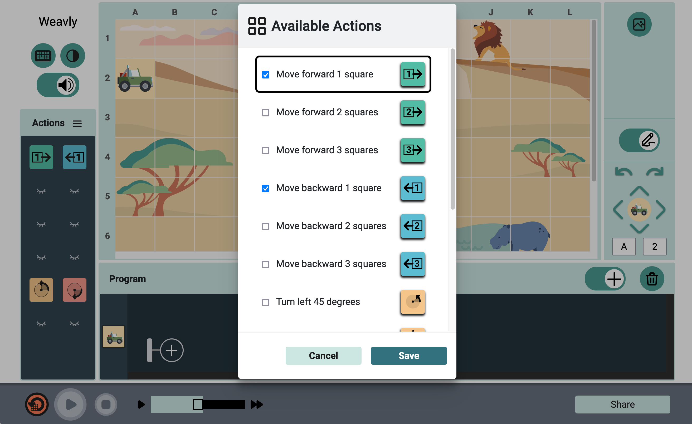 Weavly's available actions menu