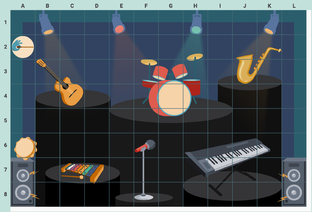 Weavly's Music Band Stage background containing a guitar, a drum kit, a saxophone, a tambourine, a xylophone with a mallet, a microphone on a stand, and a synthesizer.